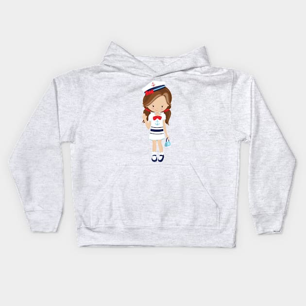 Boat Captain, Skipper, Cute Girl, Brown Hair Kids Hoodie by Jelena Dunčević